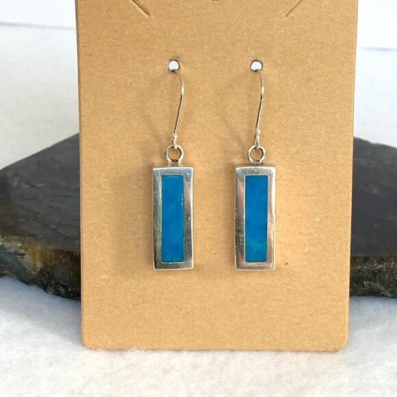 Sterling Silver 925 1.64" Rectangular Simulated Turquoise Dangle Earrings - Picture 16 of 16